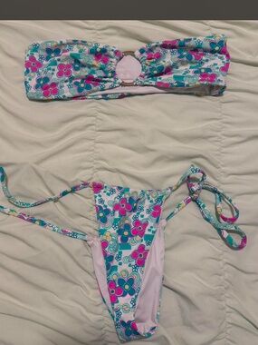 Frankies bikinis Floral Bandeau & Tie-Side Bikini Set in Teal and Pink
